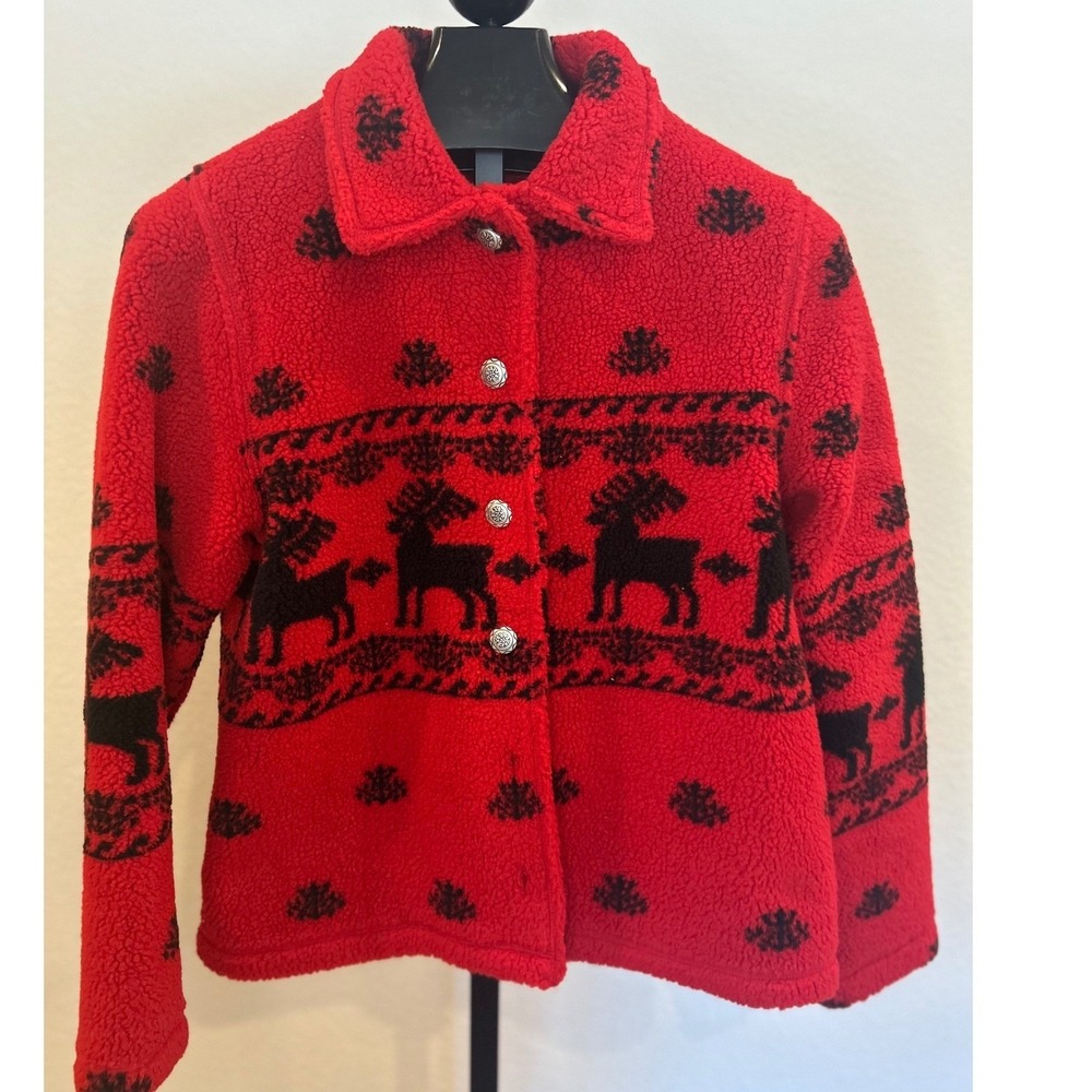 White Stag Red Black Reindeer Snowflake Fleece Jacket Women's Size M
